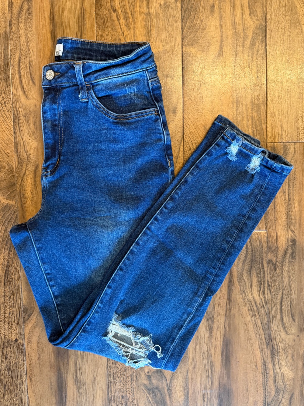 Women's Dark Blue Skinny Jeans with Distressed Knees